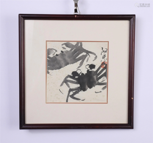 A FRAMED CHINESE PAINTING OF CRABS