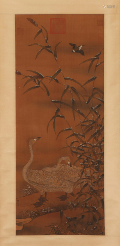 A CHINESE PAINTING OF BIRDS AND REEDS