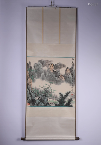 A CHINESE SCROLL PAINTING OF FISHERMEN ON THE RIVERSIDE