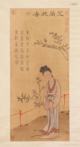 A CHINESE PAINTING OF LADY AND BAMBOOS