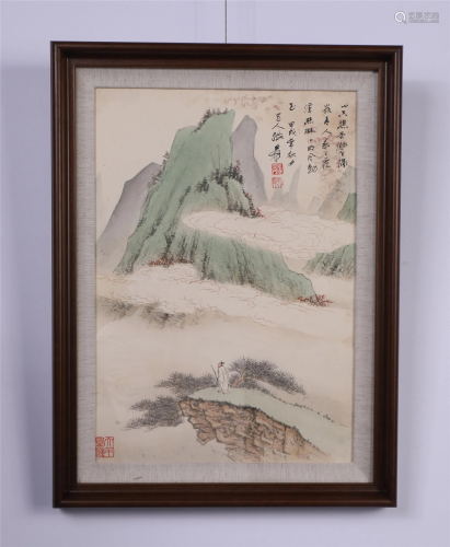 A FRAMED CHINESE PAINTING OF LANDSCAPE AND FIGURE