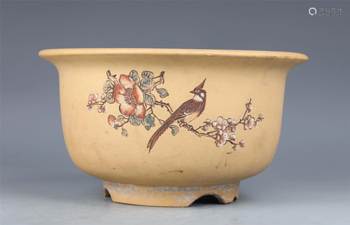 A CHINESE POLYCHROME FLOWER-BIRD YIXING CLAY FLOWER …