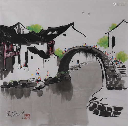 A CHINESE PAINTING OF WATER-TOWN SCENERY