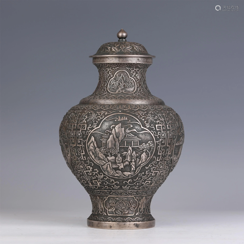 A CHINESE INCISED LANDSCAPE-FIGURES SILVER VASE A…