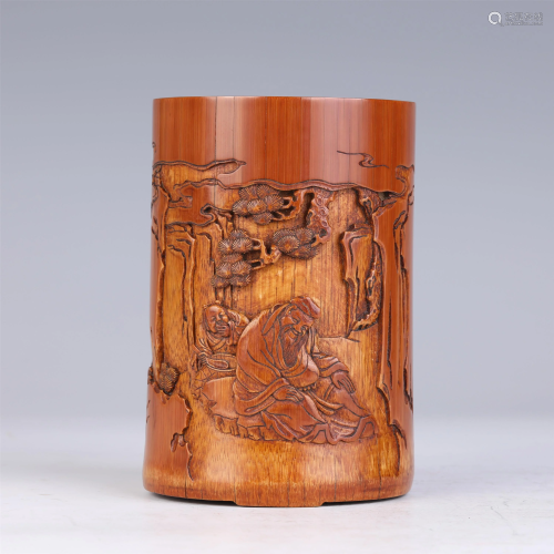 A CHINESE BAMBOO CARVED FIGURAL BRUSH POT