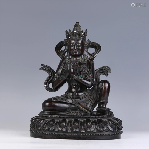 A CHINESE HARD-STONES INLAID ZITAN STATUETTE OF BUDDHA