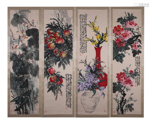 FOUR CHINESE SCROLL PAINTINGS OF FLOWERS