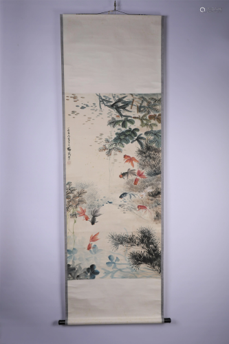A CHINESE SCROLL PAINTING OF GOLDEN FISHES