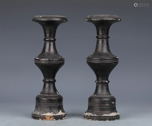 PAIR CHINESE LACQUERED WOODEN CANDLE HOLDERS