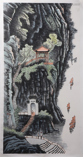 A CHINESE PAINTING OF LANDSCAPE AND FIGURES