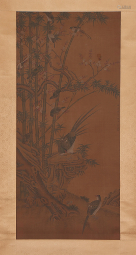 A CHINESE PAINTING OF FLOWERS AND BIRDS