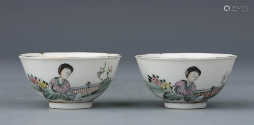 PAIR CHINESE FAMILLE ROSE PORCELAIN FIGURAL CUPS