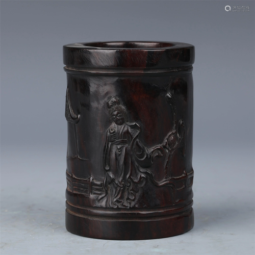 A CHINESE HARDWOOD CARVED FIGURAL BRUSH POT