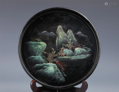 A CHINESE POLYCHROME LANDSCAPE LACQUERED TEA TRAY