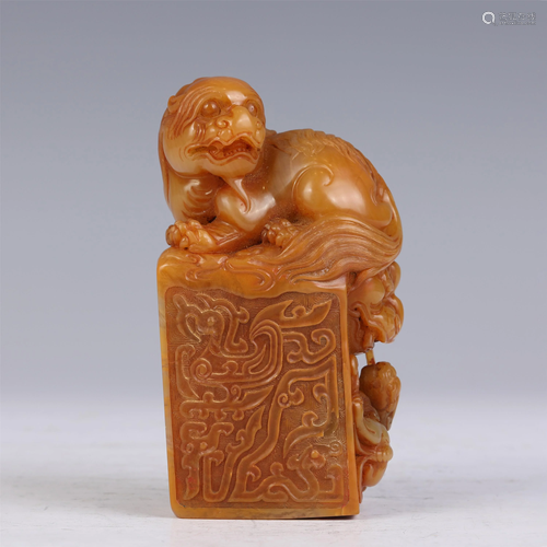 A CHINESE SOAPSTONE CARVED BEAST SEAL