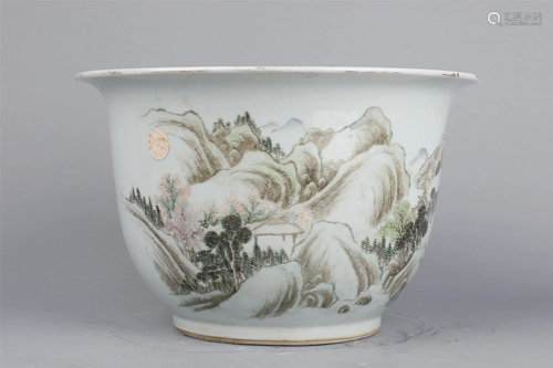 A CHINESE FAMILLE ROSE LANDSCAPE PORCELAIN FLOWER POT