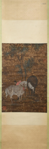 A CHINESE PAINTING OF HERDING HORSES
