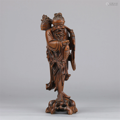 A CHINESE HARDWOOD CARVED STATUETTE OF OLD FISHER…