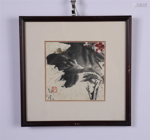 A FRAMED CHINESE PAINTING OF SNAIL AND FLOWERS