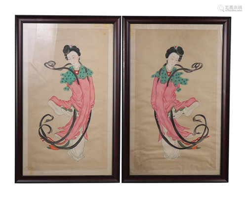 PAIR FRAMED CHINESE FIGURE PAINTING OF LADIES