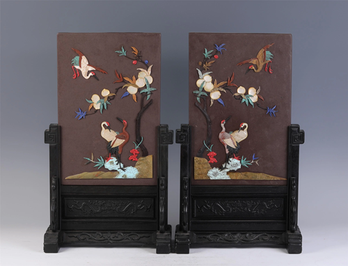 PAIR CHINESE HARD-STONES INLAID LACQUERED TABLE SCREENS