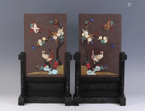 PAIR CHINESE HARD-STONES INLAID LACQUERED TABLE SCREENS