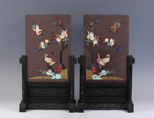 PAIR CHINESE HARD-STONES INLAID LACQUERED TABLE SCREENS