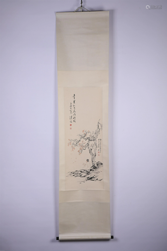 A CHINESE SCROLL PAINTING DEPICTING SCHOLAR UNDER A