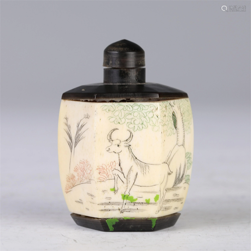 A CHINESE HEXAGONAL BONE SNUFF BOTTLE