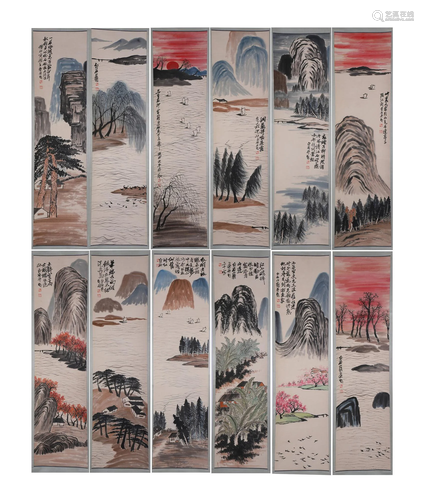 TWELVE CHINESE SCROLL PAINTINGS OF LANDSCAPES