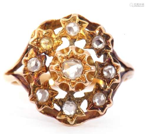 Unmarked yellow metal diamond ring, featuring 10 rose cut di...