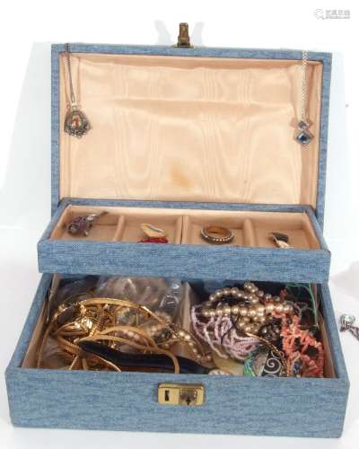 Blue jewellery box and contents to include earrings, brooche...