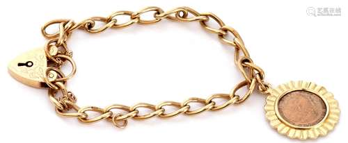 9ct gold curb link bracelet suspending a yellow metal framed...