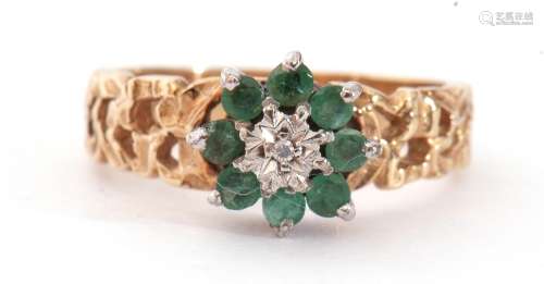 9ct gold emerald and diamond cluster ring, centring a small ...