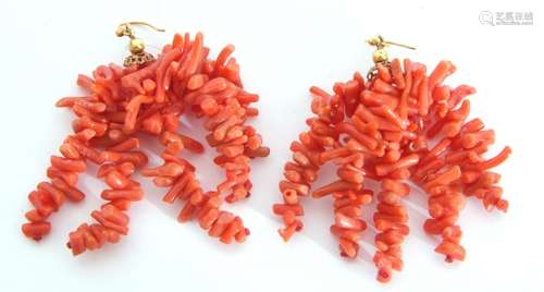 Pair of vintage stag coral cluster drop earrings with gilt m...