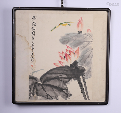 A FRAMED CHINESE PAINTING OF LOTUS AND BIRD