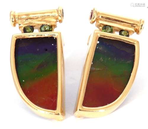 Pair of ammolite earrings, a tusk design, each with a bezel ...