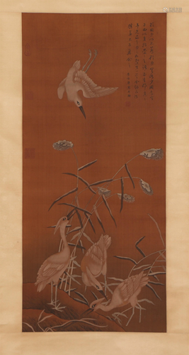 A CHINESE PAINTING OF FLOWERS AND BIRDS