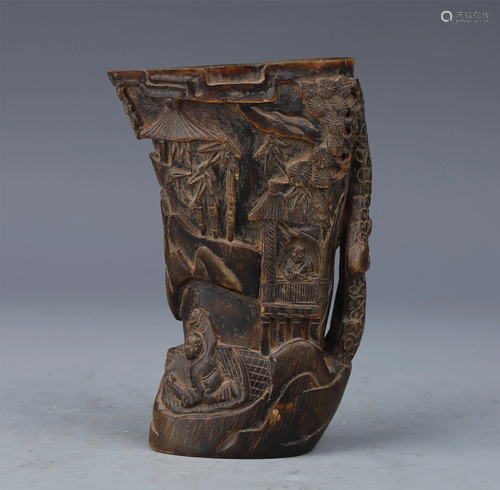 A CHINESE HORN CARVED FIGURES AND LANDSCAPE CUP