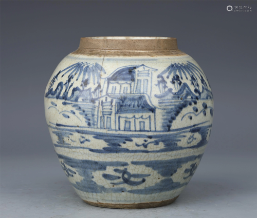 A CHINESE BLUE AND WHITE LANDSCAPE PORCELAIN JAR