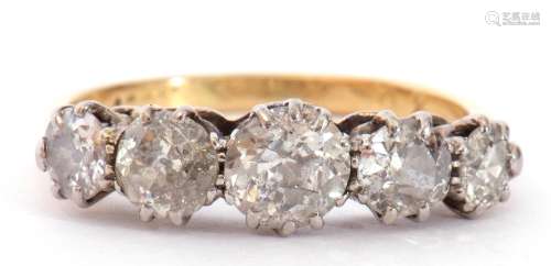 Five stone diamond ring, featuring five graduated round old ...