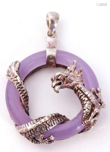 A 925 white metal dragon purple crystal openwork pendant, 25...