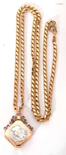 A 14K stamped fancy link chain, 13.2gms, suspending a bi-met...