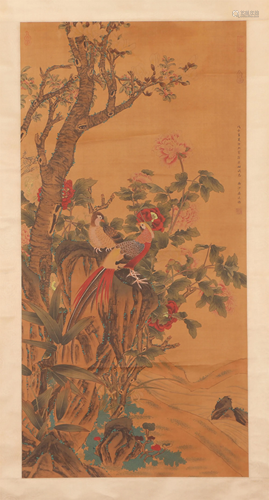 A CHINESE PAINTING OF FLOWERS AND BIRDS