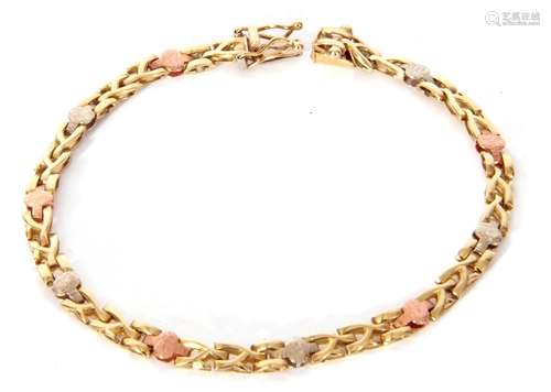 9ct tri-coloured gold bracelet, X-bar and textured links, 6g...