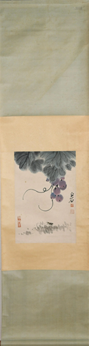 A CHINESE PAINTING OF GRAPES AND GRASSHOPPER