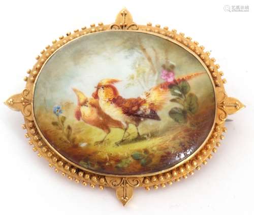 Antique hand painted porcelain brooch, the oval panel decora...