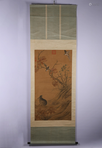 A CHINESE SCROLL PAINTING OF BIRDS AND RABBIT