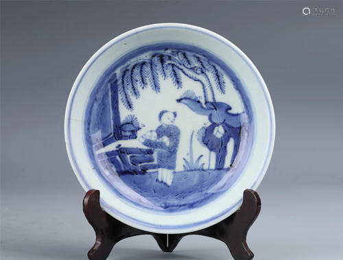 A CHINESE BLUE AND WHITE FIGURAL PORCELAIN PLATE