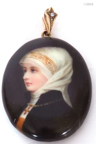 Antique porcelain portrait pendant/locket, the oval shaped p...